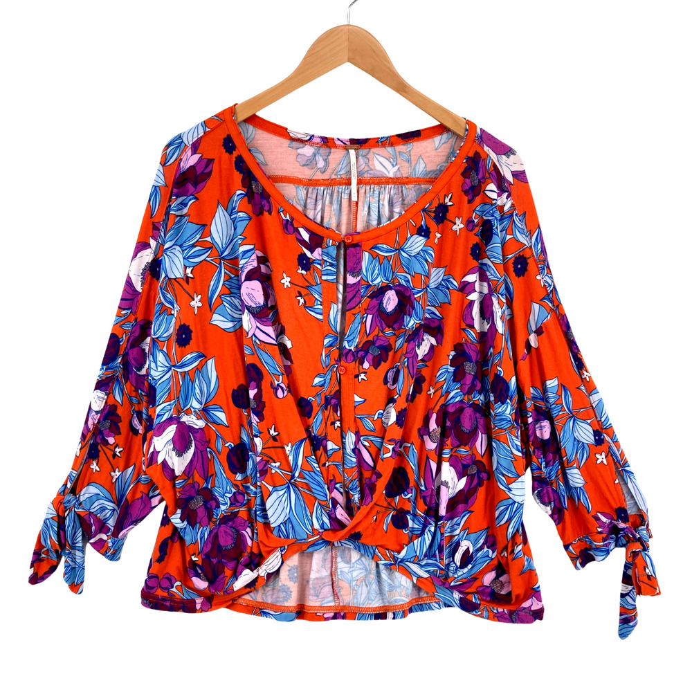 Free People Button-Up Blouse Medium Women's Multicolor Floral Pleated Ruffle Top